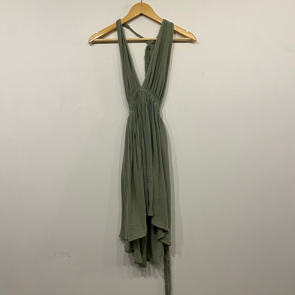 Costa Santa Puerto Escondido Sage Green Gauze Halter High Low Boho Dress M L